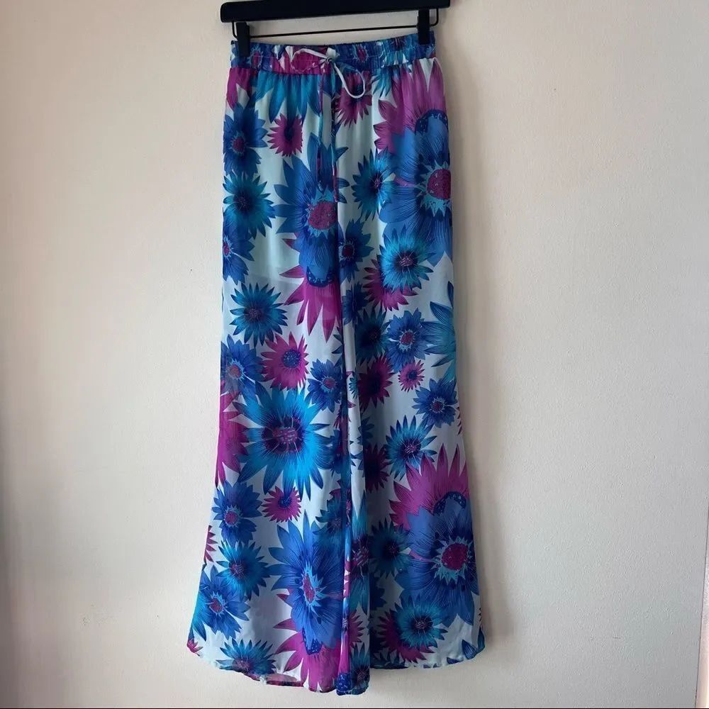 Sugarmint Blue & Purple Floral Summer Beach Lightweight Wide Leg Shorts